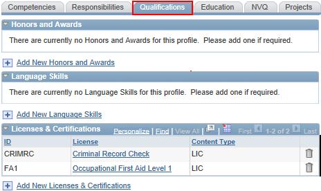 Profiles Search for the employee and select the Qualifications tab.