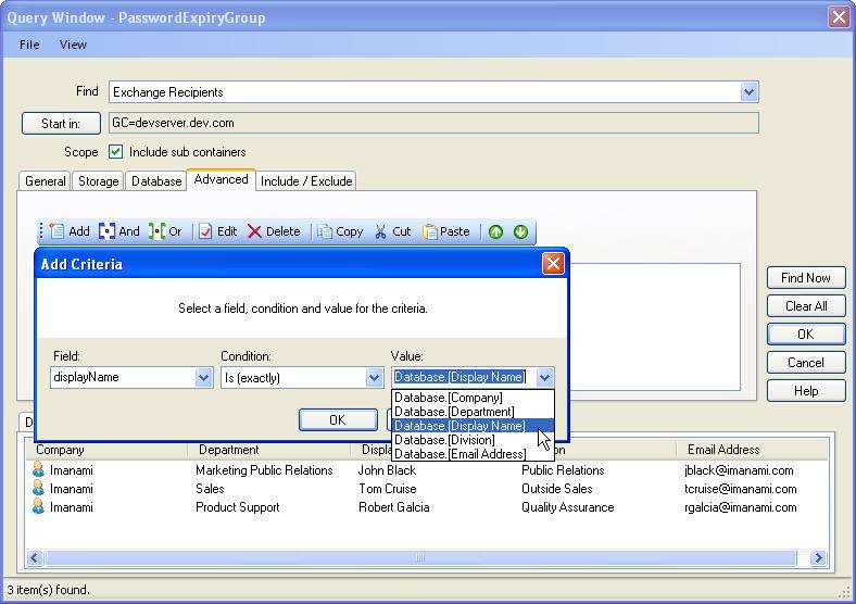 User Manual Figure - The Add Criteria dialog box showing the mapping of the Active Directory attribute with the data source field Advance Options You can add custom criteria to your query that does
