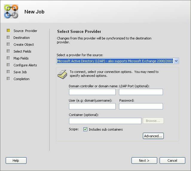 User Manual Figure - The opening page of the New Job wizard. 2. The opening page of the wizard requires you to configure the settings for the source to connect with. i.