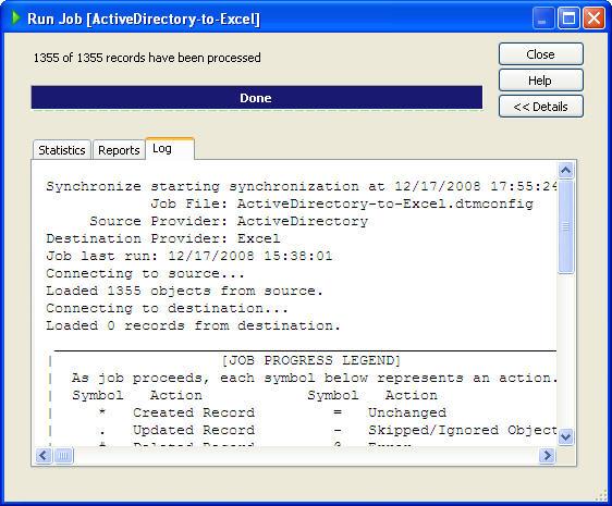 User Manual Figure - Shows the Log tab on the Job Run dialog box. The information contained in a log file depends on the logging level set in the global configurations of GroupID.