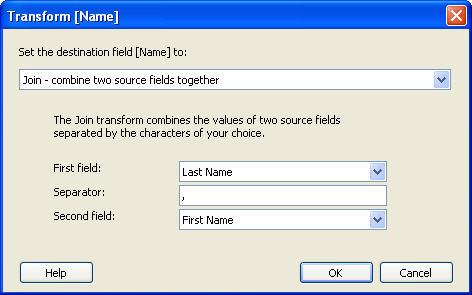 Part 4 - Synchronize Figure - Transform dialog box showing the required fields for Join transformation. A Join transformation requires three input parameters.