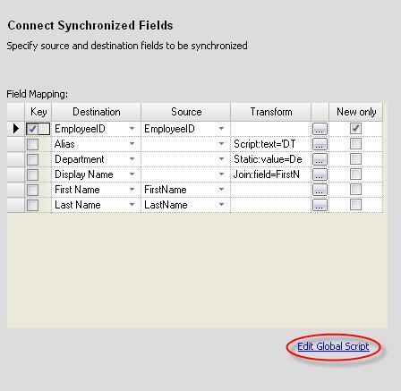 User Manual Figure - Shows the link to open the Global Script Editor on Connect Synchronized Fields page of the New Job and Open Job wizard.