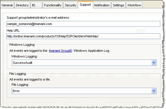 User Manual Figure - The Support tab Configuring log settings for Synchronize, Automate and Reporting In the tree view of GroupID Management Console, click Configuration and then click Modify System