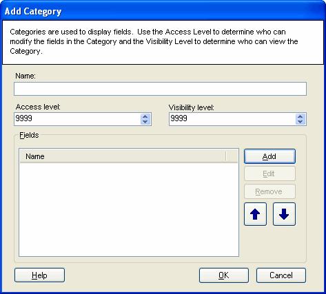 User Manual Figure - The Add Category dialog box. To add a field in the category 1. In the Fields area, click Add. This displays the Edit Field dialog box. On the dialog box: i.