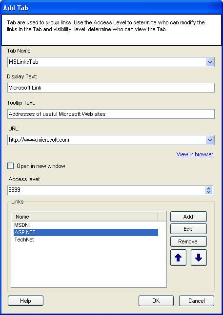 Part 2 - Self-Service Figure - The Add Tab dialog box. 2. On the Add Tab dialog box, enter the following information for the new Tab: i. In the Tab Name list, type the name for your new Tab.