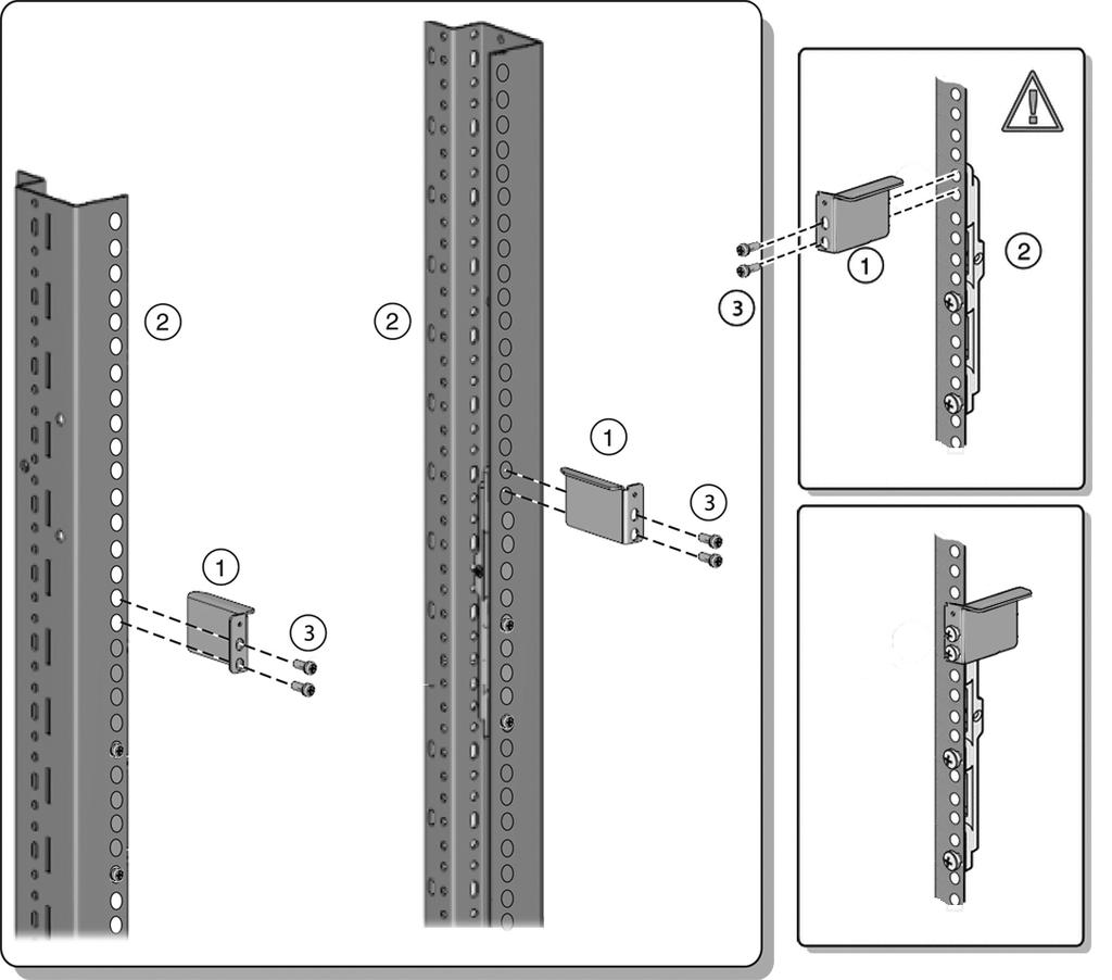 Install Rackmount Hardware Into a Rack b. Install two M6 x 12 mm screws [3] or two 10-32 x 10 screws to attach each rear brace to the rack post and the adapter bracket.