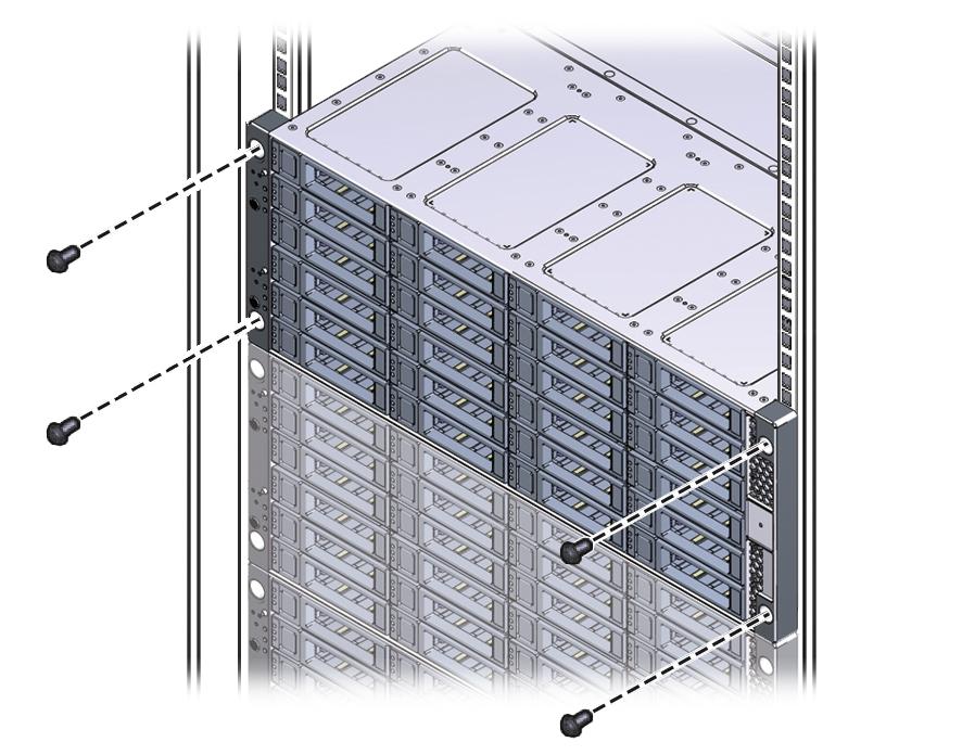 Install the System Into a Rack 3. Use four screws to attach the front of the system to the front of the rack. On a threaded, round-hole rack, use four M6 x 12 mm screws or four 10-32 x 10 mm screws.
