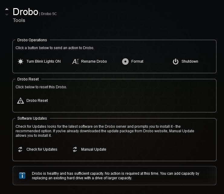 3. From the Drobo Dashboard, select the Drobo B810n that you would like to shut down from the All Drobos page. 4. Then, click the Tools option on the Navigation menu. The Tools page opens. 5.