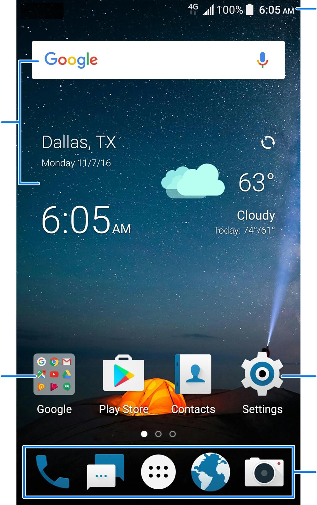 Status bar Widgets Folder Shortcut Primary shortcuts Extended Home Screen Panels Your home screen is extendable, providing more space for shortcuts, widgets, and more.