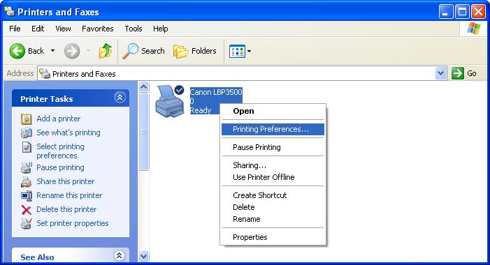 For Windows XP Home Edition: From the [Start] menu, select [Control Panel], and then click [Printers and Other Hardware] [Printers and Faxes].