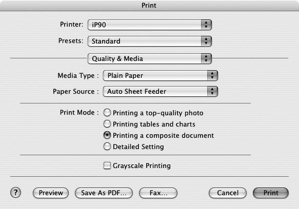 Basic Printing 3 Specify the required settings. (1) Select Print from the application's File menu. (2) Select Quality & Media from the pop-up menu. (3) Select the Media Type from the pop-up menu.