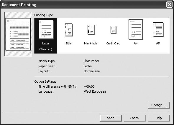 Basic Printing Changing the Document Print Settings (1) Click Infrared/Bluetooth connection Print Settings tab. (2) Click Change on Document Print Settings. The Document Printing dialog box appears.