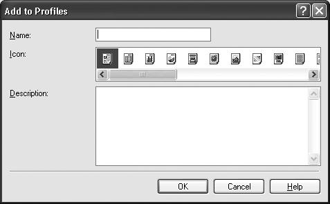 See "Opening the Printer Properties Dialog Box from Your Application Program" on page 29. 2 Click the Profiles tab. 3 Enter new settings in Profiles. (1) Click Add to Profiles.