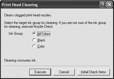 Printing Maintenance 3 Start Print Head Cleaning. (1) Click the Maintenance tab. (2) Click Cleaning. (3) Select the ink nozzle group to be cleaned, then click Execute.