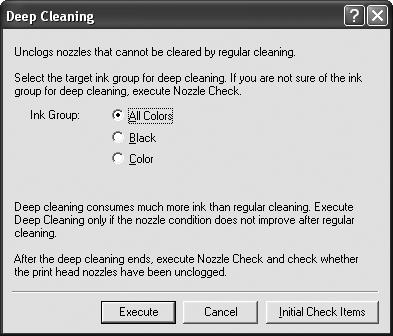 Printing Maintenance 3 Start Print Head Deep Cleaning. (1) Click the Maintenance tab. (2) Click Deep Cleaning. (3) Select the ink nozzle group to be cleaned, then click Execute.