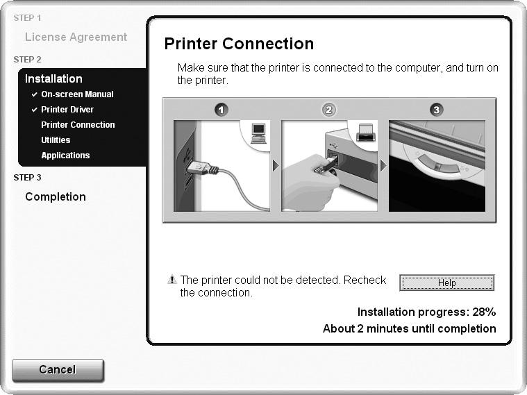 Troubleshooting Problem Possible Cause Try This Cannot Install the Printer Driver Unable to proceed beyond the Printer Connection Screen If you cannot proceed beyond the Printer Connection screen;