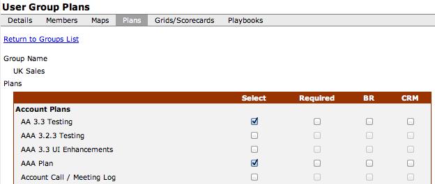 Managing Plans for a User Group The User Group Plans tab allows you to select the Plan and Call Plan templates available to group members in a user group.