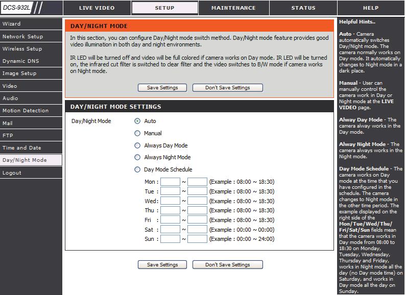 Section 4 - Web Configuration Day/Night Mode This section allows you to configure the settings of Day/Night mode switch method.