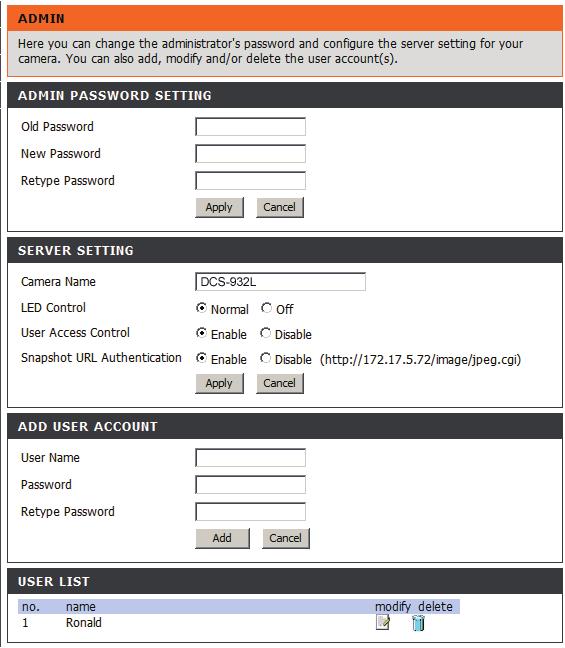 Section 4 - Web Configuration Maintenance Admin This section allows you to change the administrator s password and configure the server settings for your camera.