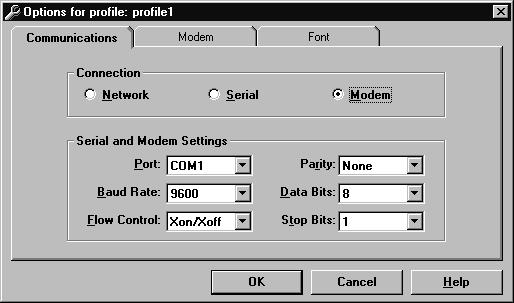 Communications tab Serial and modem connection settings After you select Serial or Modem, you will see the following fields.