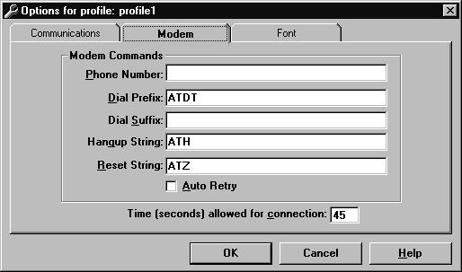 Install and use theterminal Emulator Modem tab Purpose Example Select the Modem tab to set up or change dial strings that connect to the remote Avaya CMS through a modem port.