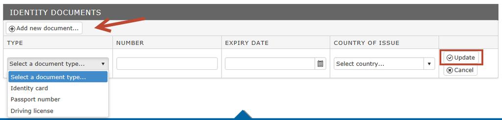 Select the type of document; enter the number, expiry date and the country of issue. Then click Update to save this information.