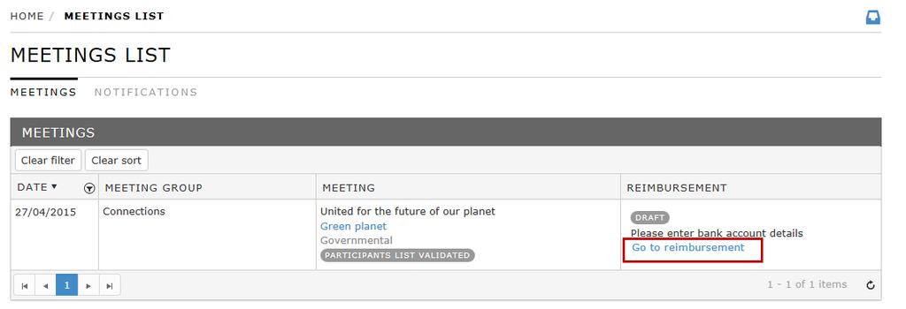 The Meetings list shows all upcoming or previous meetings to which the participant has been invited.