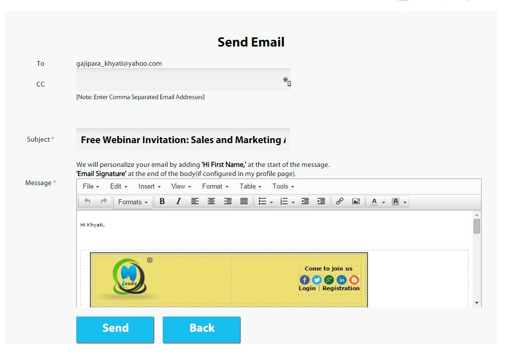 Select Lead and click on Email Select pre-define Template Choose option send mail