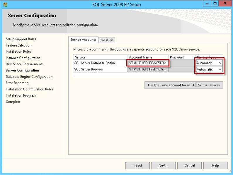At the Database Engine Configuration step in the Account Provisioning Tab, verify that the Windows