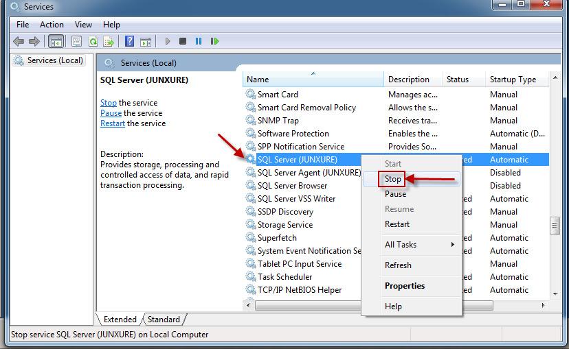 In Services, scroll down the list to the SQL Server (Junxure) row and disable the service for the Junxure