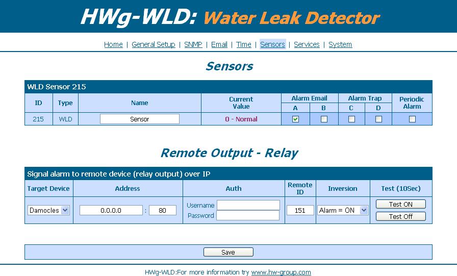 Sensors Name and current state of water leak sensor: 0 Normal 1 Flooded 2 - Disconnect Select destination for state reporting For periodic reporting use this check box.