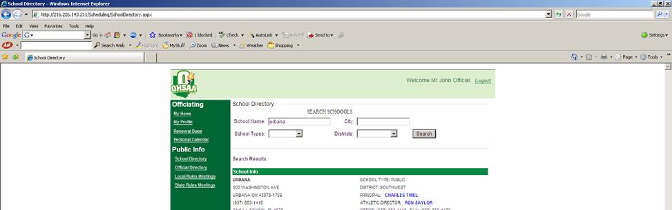 13. School Directory Click the School Directory link on the left Clicking the School Directory link will take you to the next screen. This shows after you type in a school name and click Search.