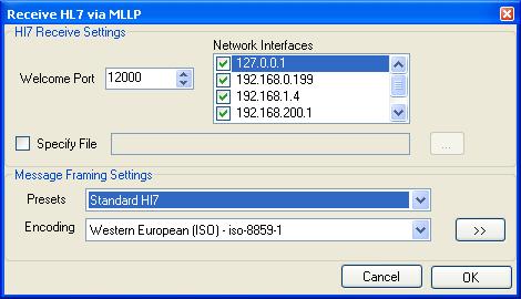 Notice the Receive HL7 via MLLP dialog is displayed as shown below.