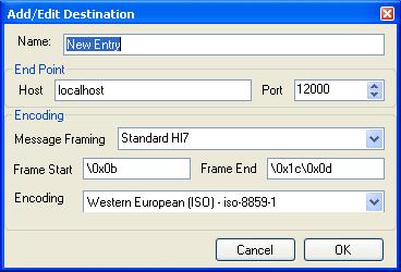 4) Click on the Add Destination button. This will display the Add/Edit Destination and allow us to create a profile for our HL7 Receive Server. Notice the following dialog is displayed.