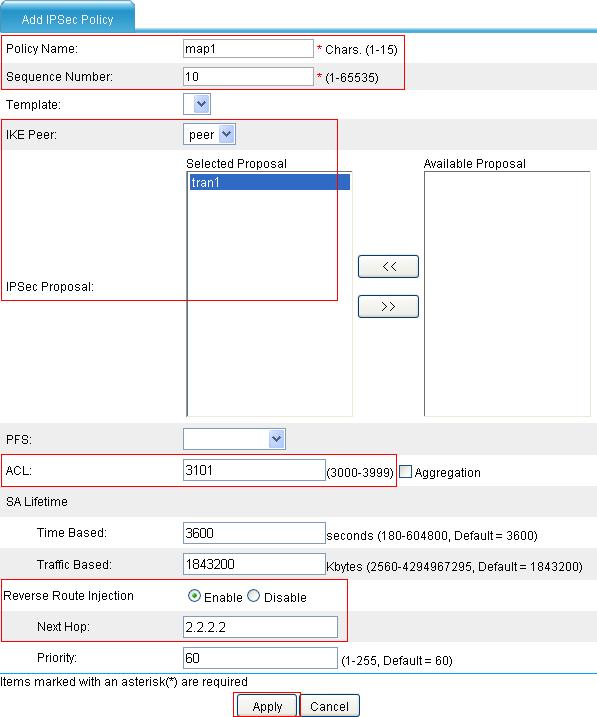 Figure 125 Configure an IPsec policy Enter map1 as the policy name. Enter 10 as the sequence number. Select the IKE peer of peer. Select the IPsec proposal of tran1 and click <<.
