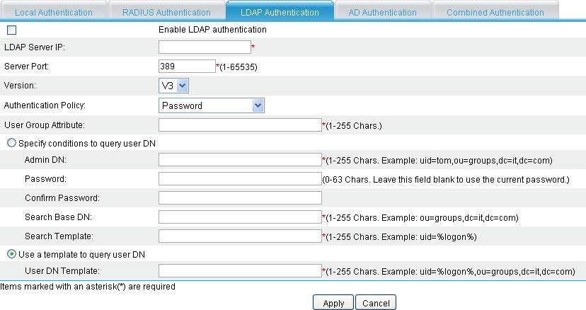 Figure 253 LDAP authentication Table 61 Configuration items Item Enable LDAP authentication LDAP Sever IP Server Port Version Authentication Policy User Group Attribute Specify conditions to query