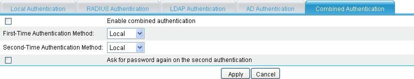 Configuring combined authentication A combination authentication method can combine any two of the four authentication methods (local authentication, RADIUS authentication, LDAP authentication, and