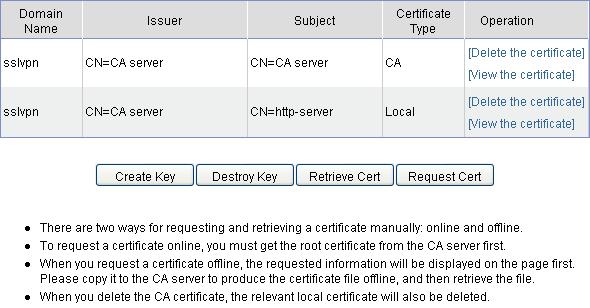 Figure 276 Certificate management page 2. Configure the SSL VPN service. # Enable SSL VPN, and configure a port and a PKI domain for the SSL VPN service.