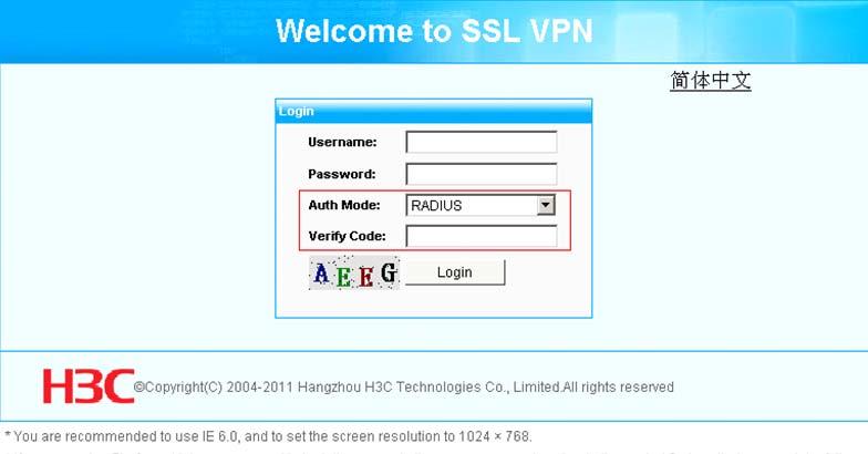 .1.1.1/svpn/ in the address bar to enter the SSL VPN login page, which uses RADIUS as the default