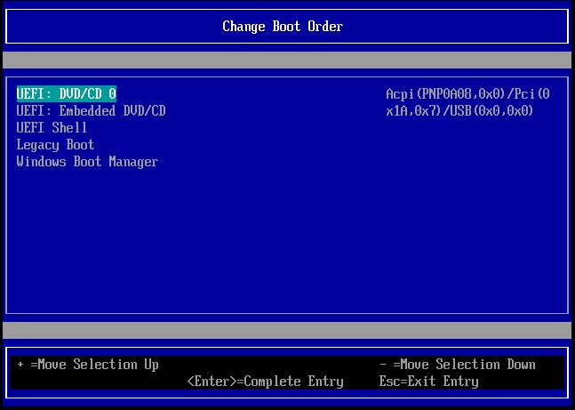 2) Select the following menu items in the UEFI window, in the order shown: [Boot Maintenance Manager]-[Boot Options]-[Change Boot Order]- [Change the order] 3) Specify that [Legacy Boot] be at the
