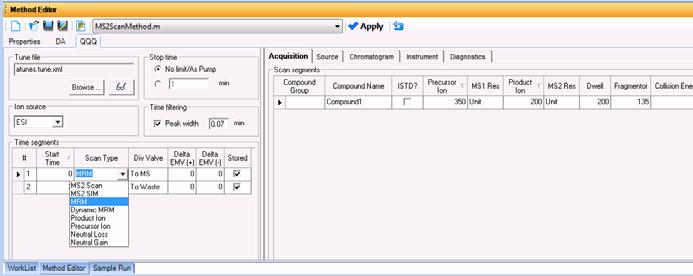 Step 4. Set up and run an acquisition method 3 Enter the Triple Quadrupole parameter values. a Select the Scan Type from the list in the Time segments table.