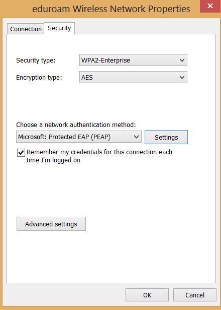 Step 7: For Security type, select WPA2-Enterprise. For Encryption type, select AES.