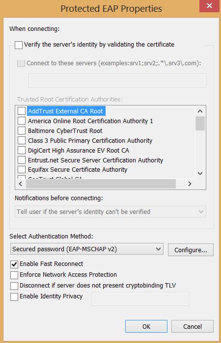 Step 8: Uncheck any boxes in Trusted Root Certification Authorities, then uncheck Verify server s