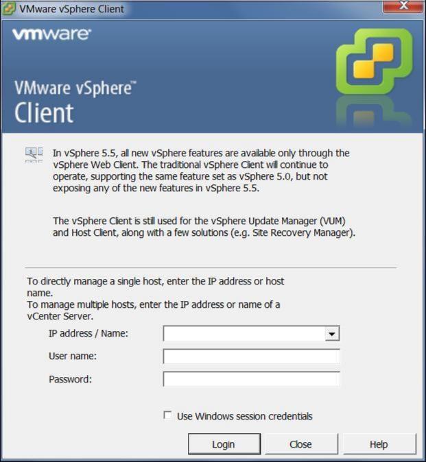 prompted. 4. After the installation completes, start the vsphere Client program. The VMware vsphere Client login page appears, prompting you for the ESXi server login credentials. 5.