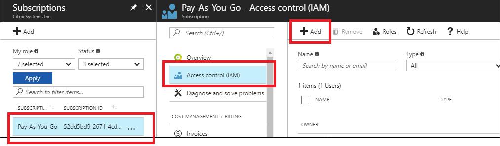 14. Select the active subscription, then Access control (AIM), next click Add. 15.