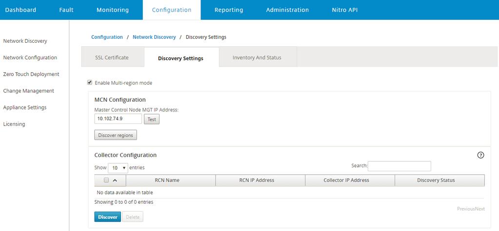 7. In the Master Controller Node MGT IP Address field, enter the MCN IP address and click Test. This establishes a connection between the MCN and SD-WAN Center. 8. Click Discover Regions.