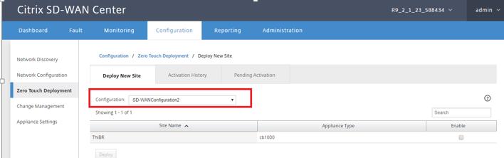 3. Navigate back to the SD-WAN Center Zero Touch Deployment page, and with the new active configuration running, the new site will be available for deployment.