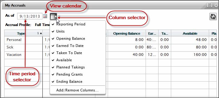 To use the Accruals secondary view, do the 1. Click the calendar icon, then select the desired date. 2. Click Refresh. 3. Use the scroll bars as necessary to view the desired data.