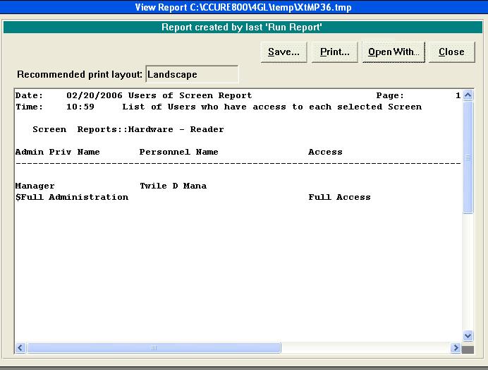 Generating Security Reports Figure 1.20: View Report Dialog Box with a Users of Screen Report 5. To print or save the report, follow the steps in Printing and Saving a Report, on page 1-15.