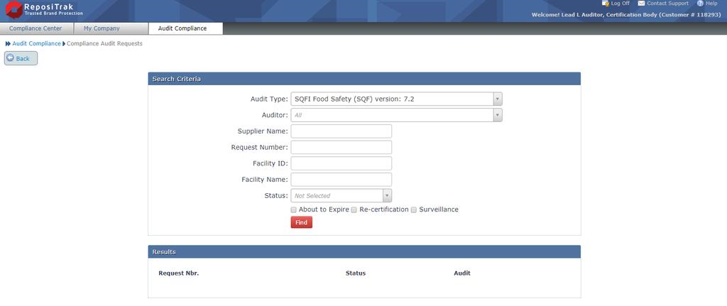4 Once you reach the Audit Requests page, you have the option to search for the audit you want to complete a corrective action on using the search fields.